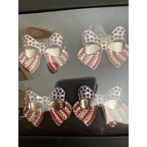 Red White Blue July 4th Silver Patriotic Ribbon Rhinestone Napkin Rings Set of 4